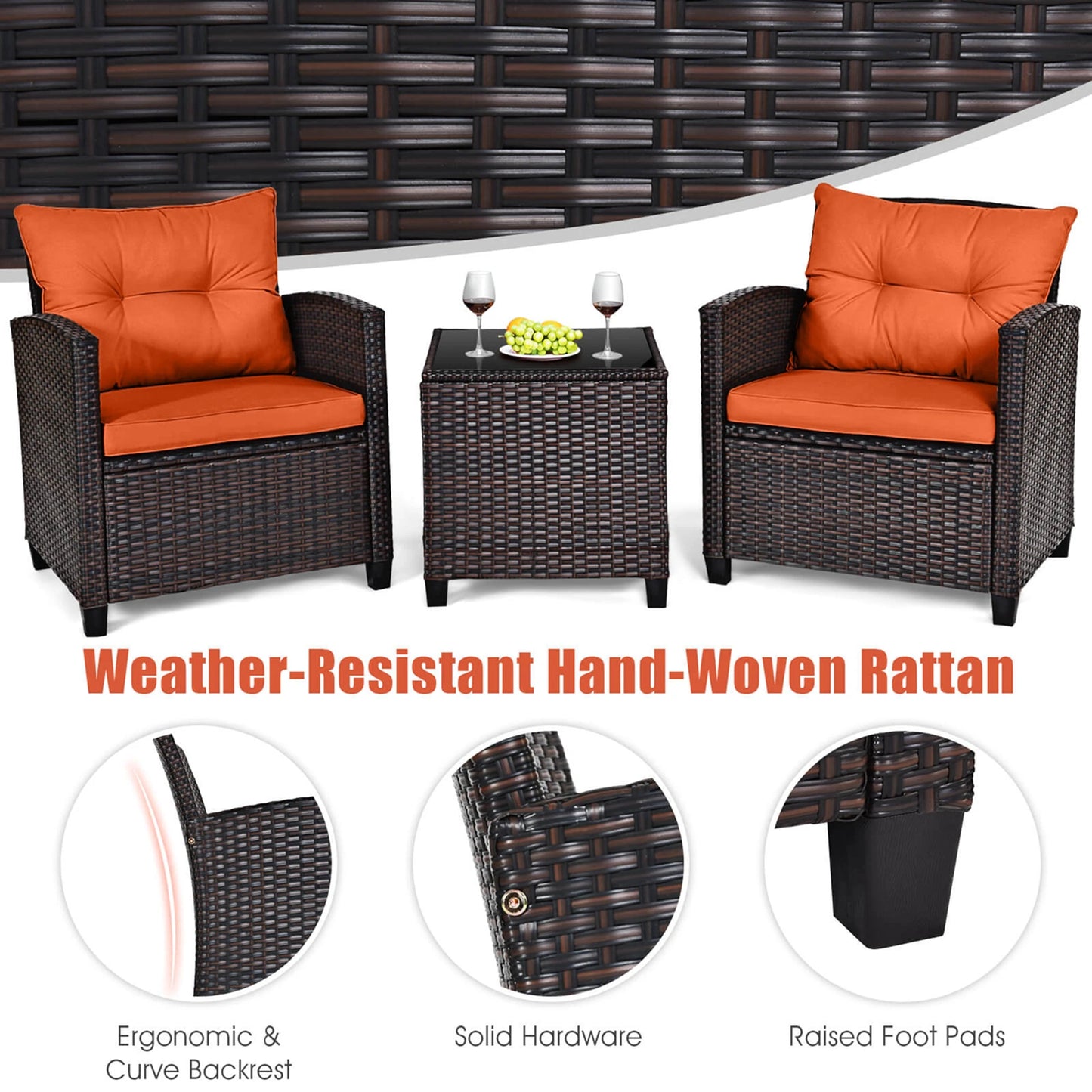 Homasis 3 Piece Patio Rattan Furniture Set With Cushions