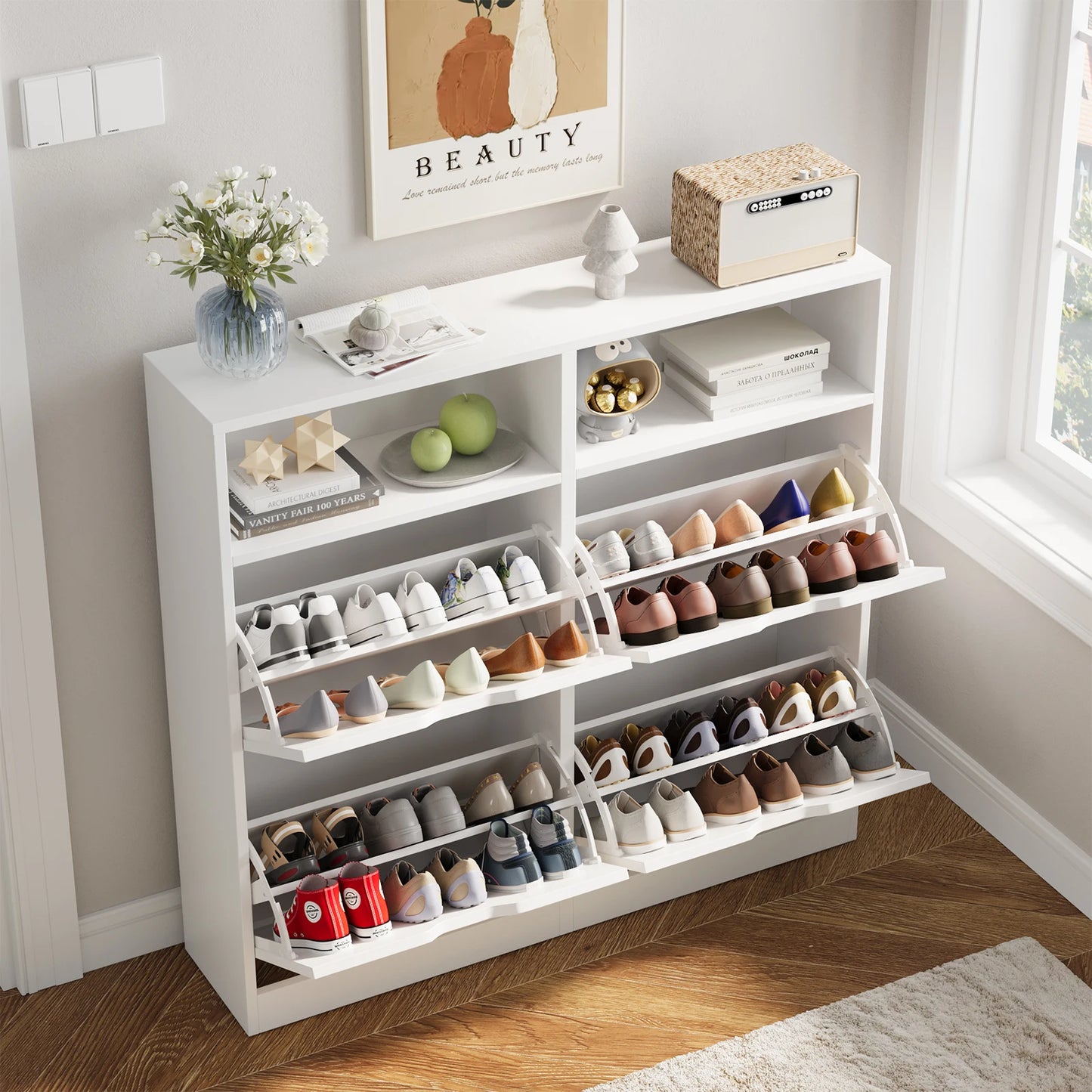 VOWNER Shoe Storage Cabinet With 4 Flip Drawers Freestanding