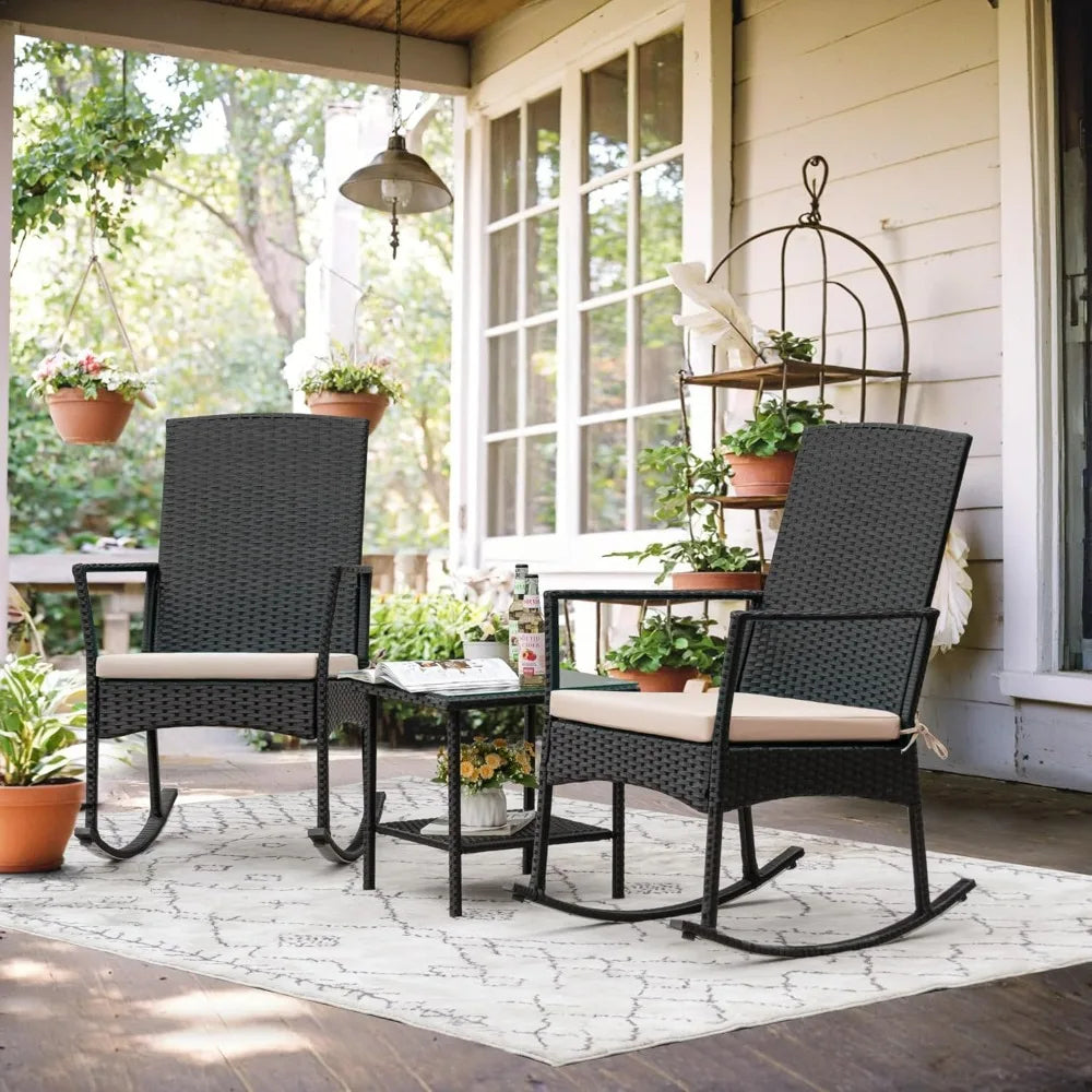 Flamaker Outdoor Rocking Chairs PE Rattan Patio Set For Garden