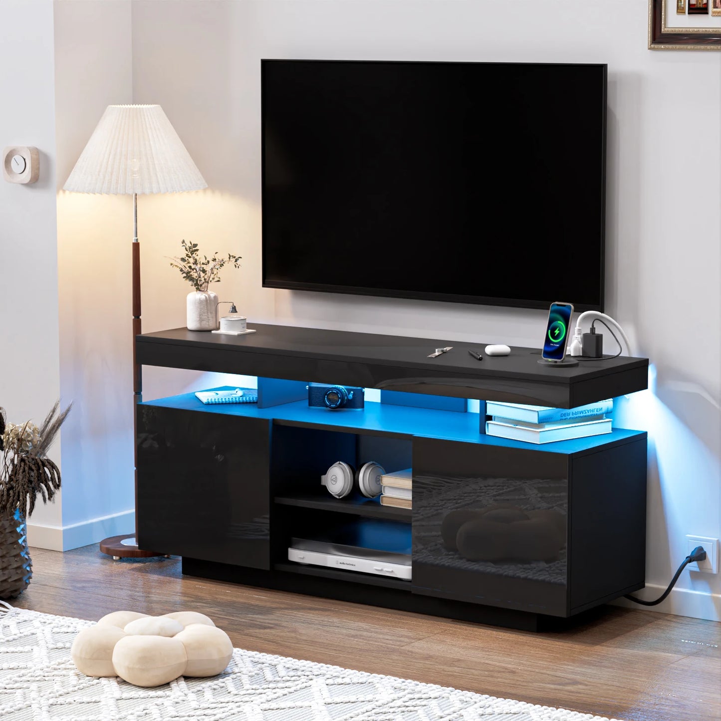 LED TV Stand Entertainment Center With Storage And Outlets