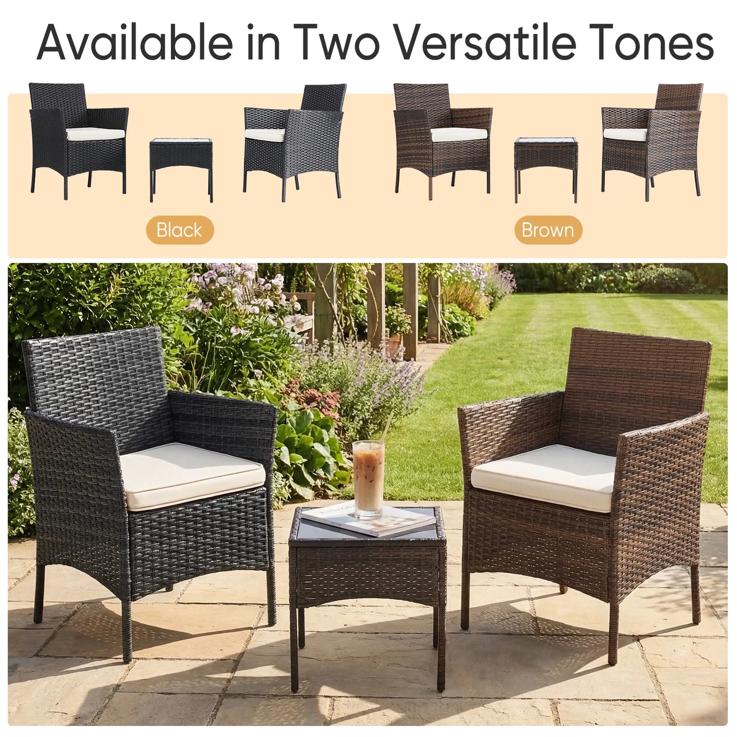 JHK Outdoor Patio Furniture Set Wicker Rattan with Glass Table
