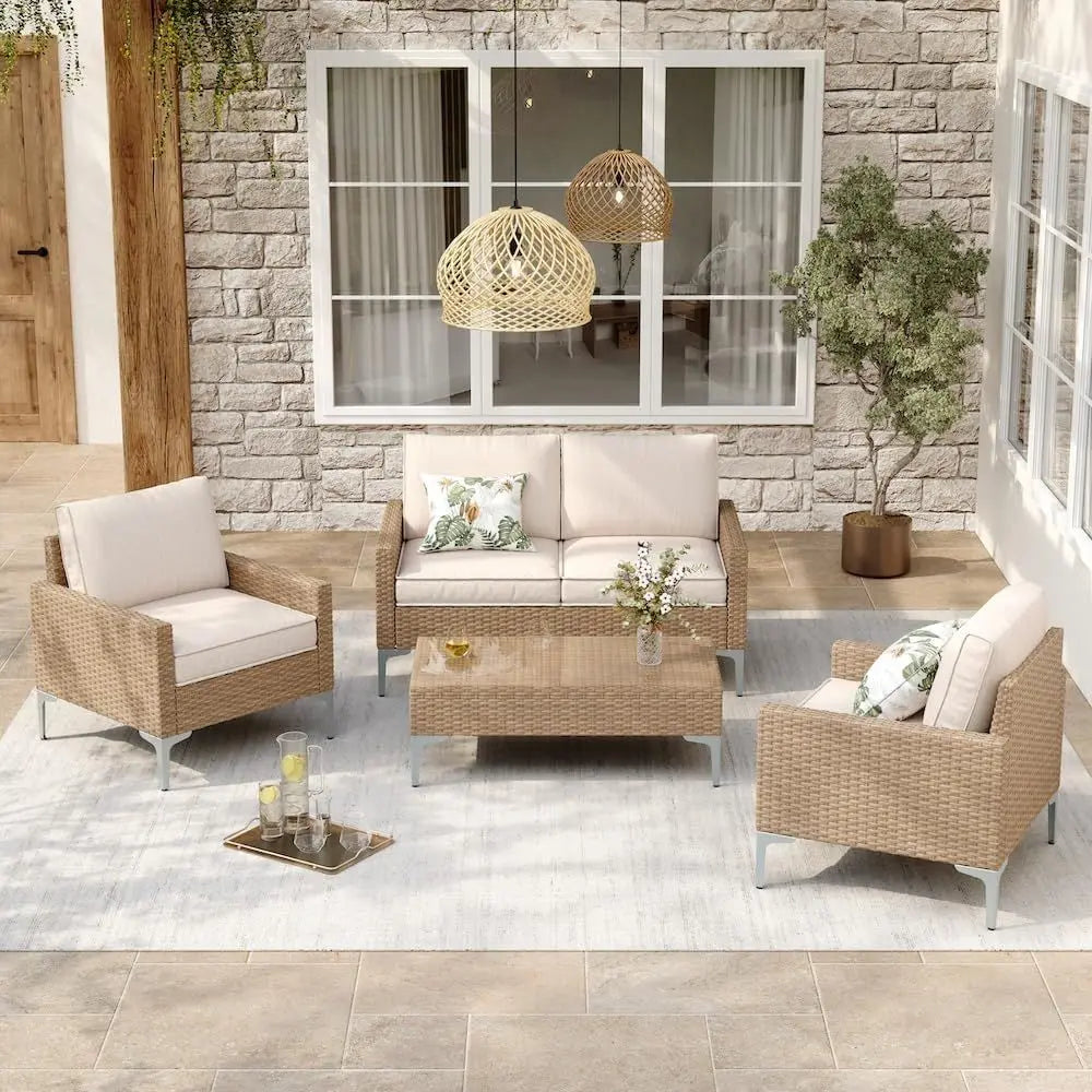 All-Weather Wicker Outdoor Patio Sectional Set With Tempered Glass Table