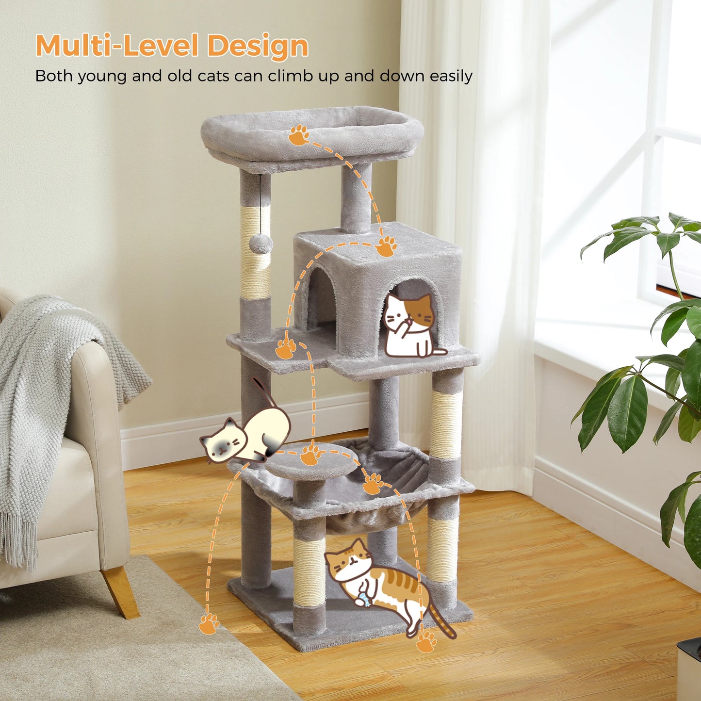 PETEPELA Cat Tree 5-Level Tower For Indoor Cats Large Hammock