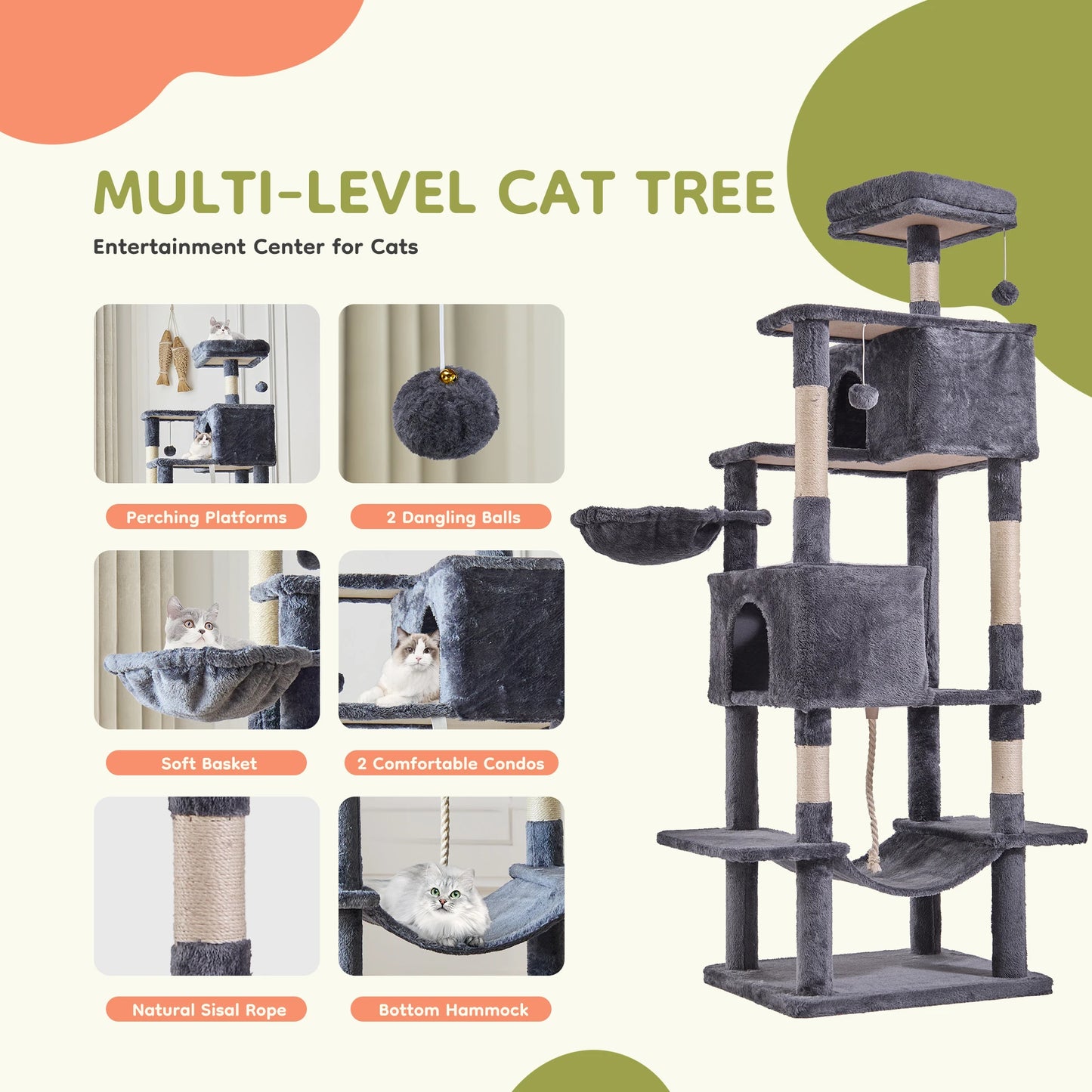 JHK Cat Tree Tower With Condo And Sisal Posts For Indoor Cats