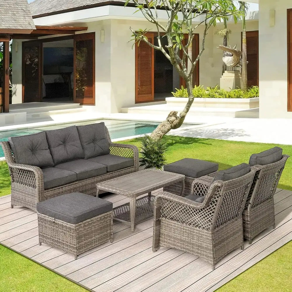 Grey Wicker Outdoor Patio Furniture Set With Sectional Sofa And Coffee Table