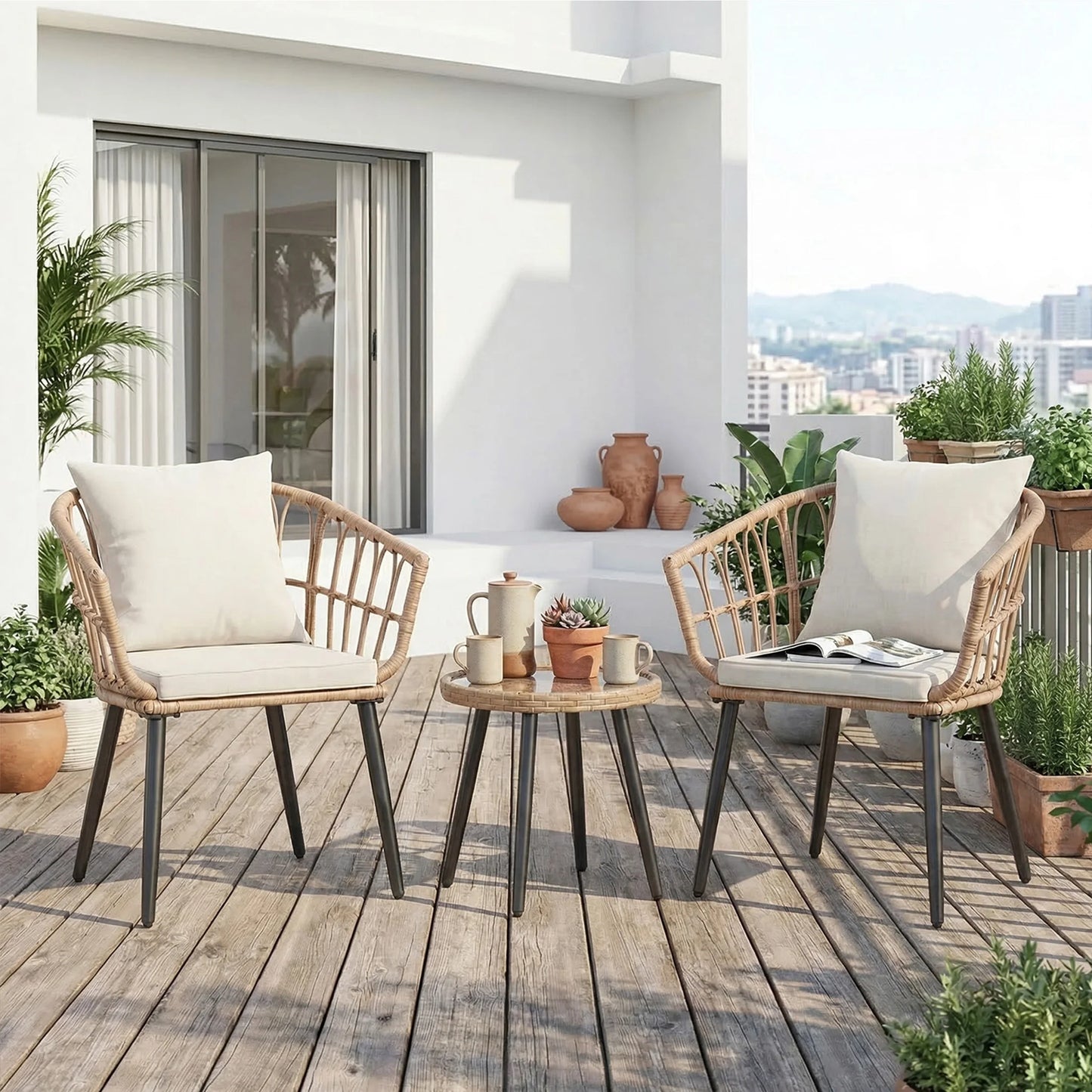 JHK Wicker Patio Set With Glass Table And Soft Cushions