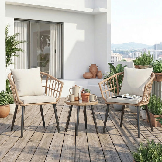JHK Wicker Patio Set With Glass Table And Soft Cushions