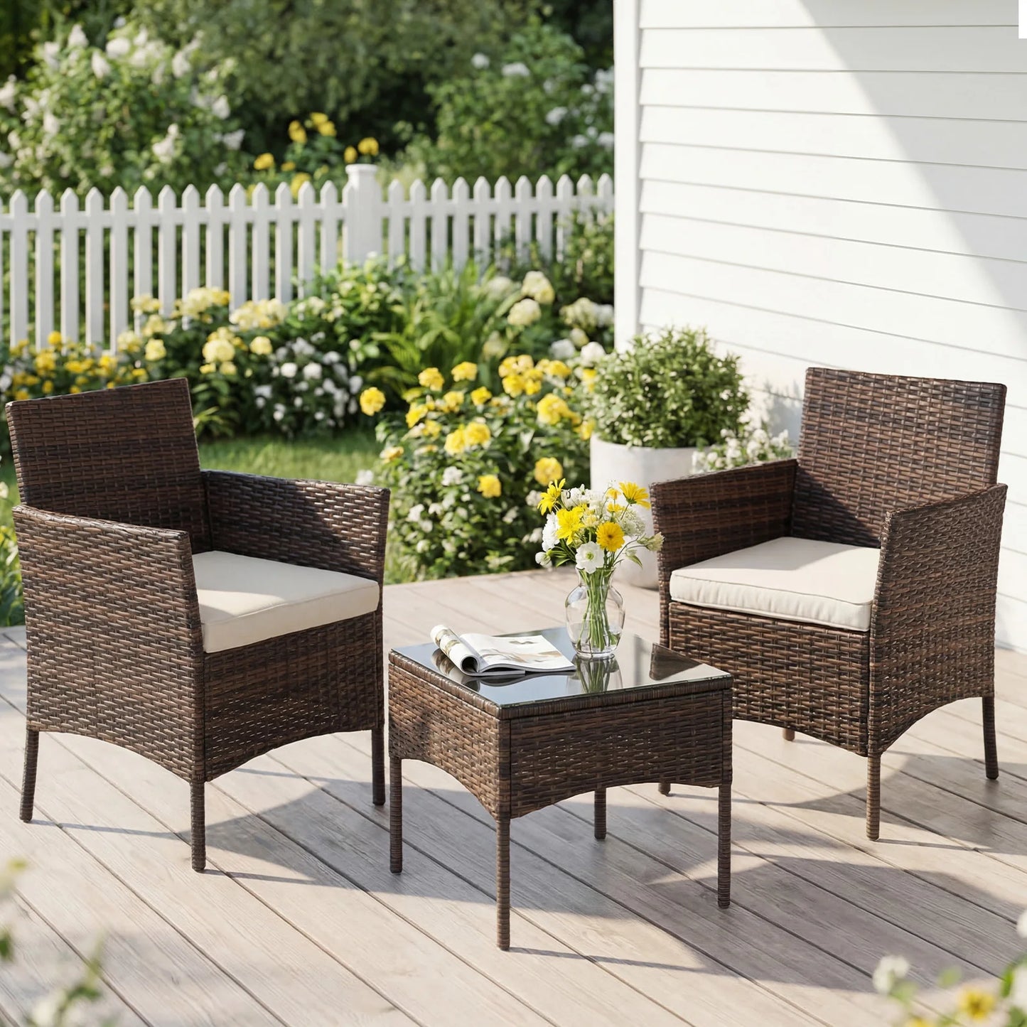 JHK Outdoor Patio Furniture Set Wicker Rattan with Glass Table