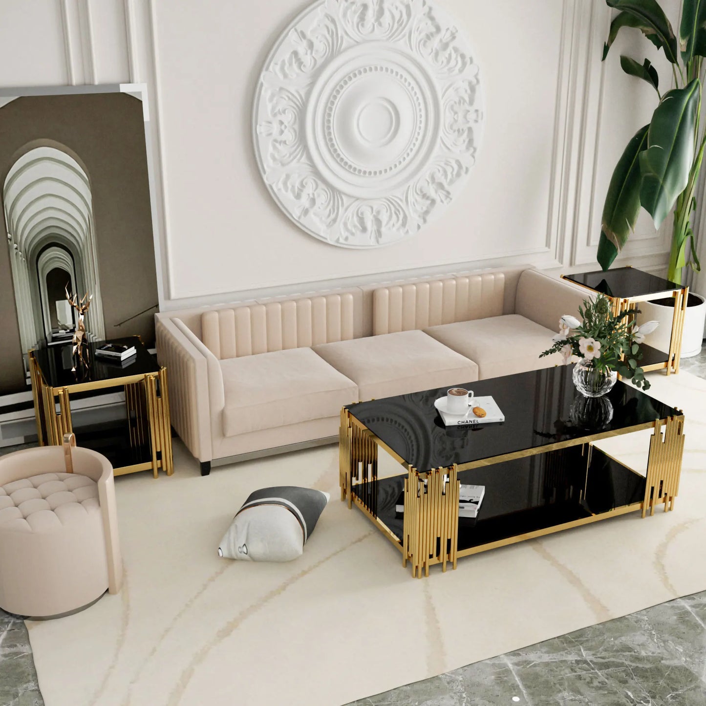 Stainless Steel Rectangular Glass Coffee Table Modern Living Room