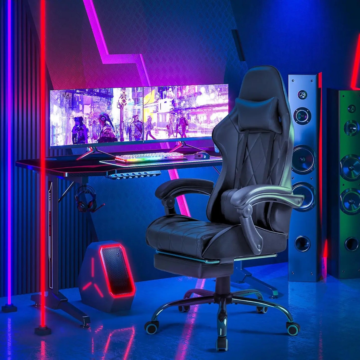 Gaming Chair With Footrest And Massage Lumbar Support