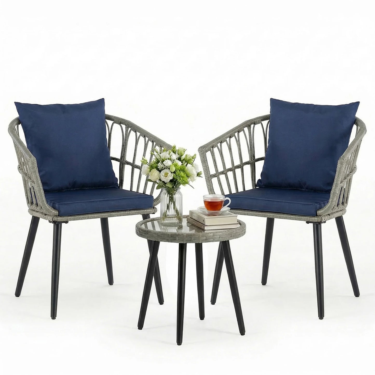 JHK Wicker Patio Set With Glass Table And Soft Cushions