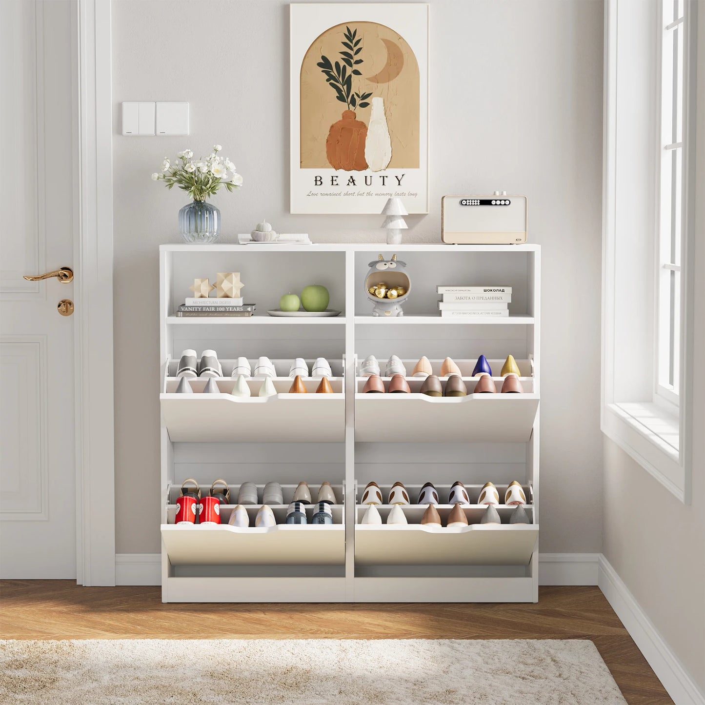 VOWNER Shoe Storage Cabinet With 4 Flip Drawers Freestanding