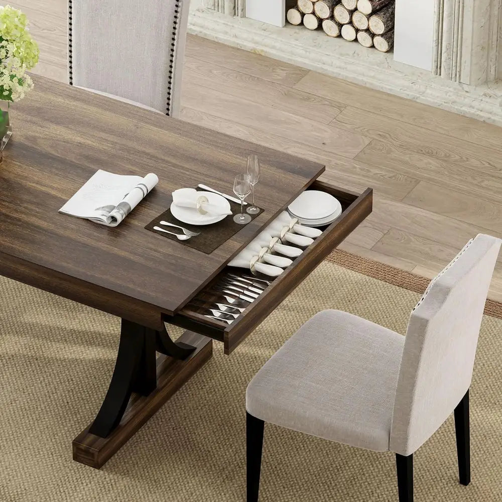 Rectangular Dining Table For Six With Dual Side Drawers
