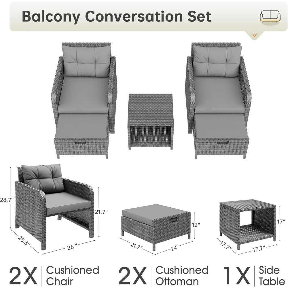 Balcony Furniture Five Piece Patio Conversation Set PE Wicker Outdoor