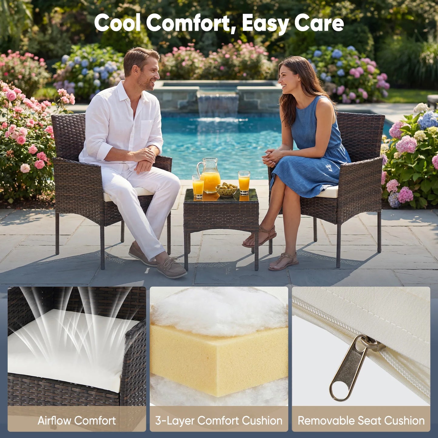 JHK All-Weather Wicker Outdoor Patio Bistro Set With Glass Table