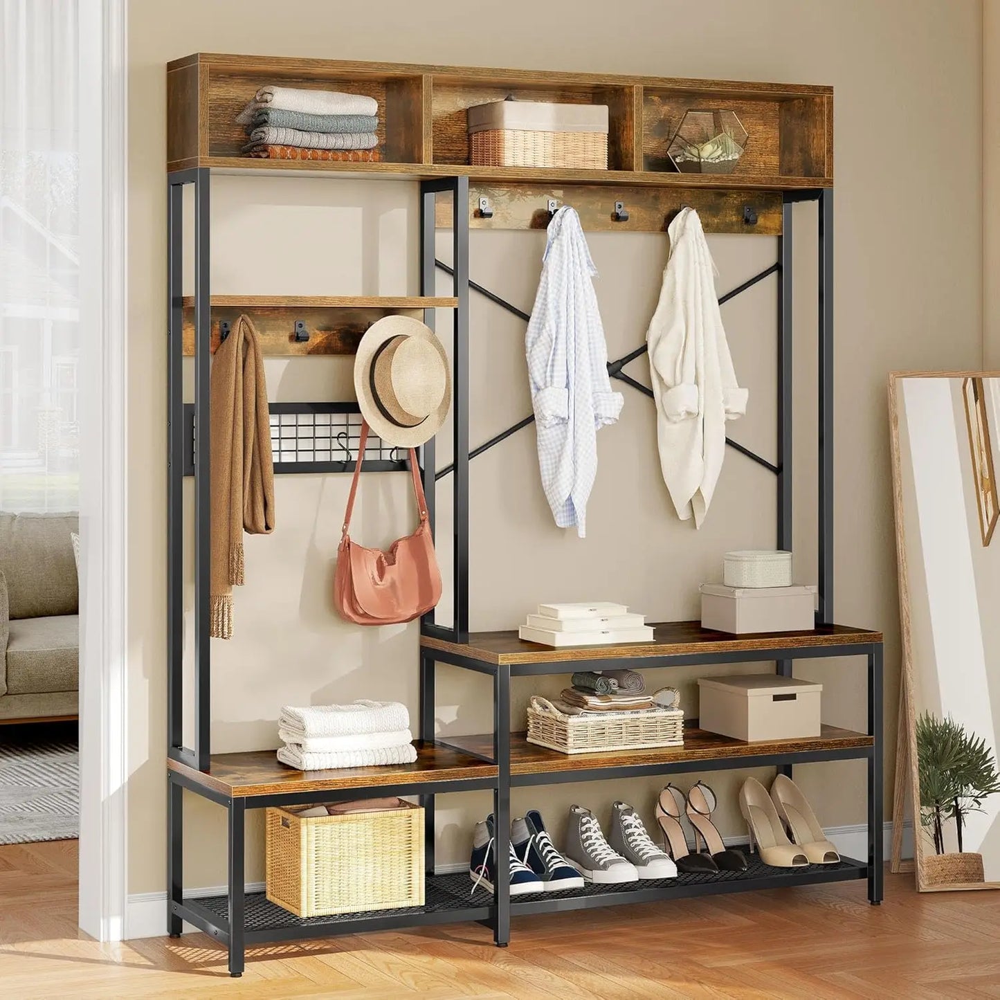 Industrial Entryway Bench With Coat Rack And Shoe Storage