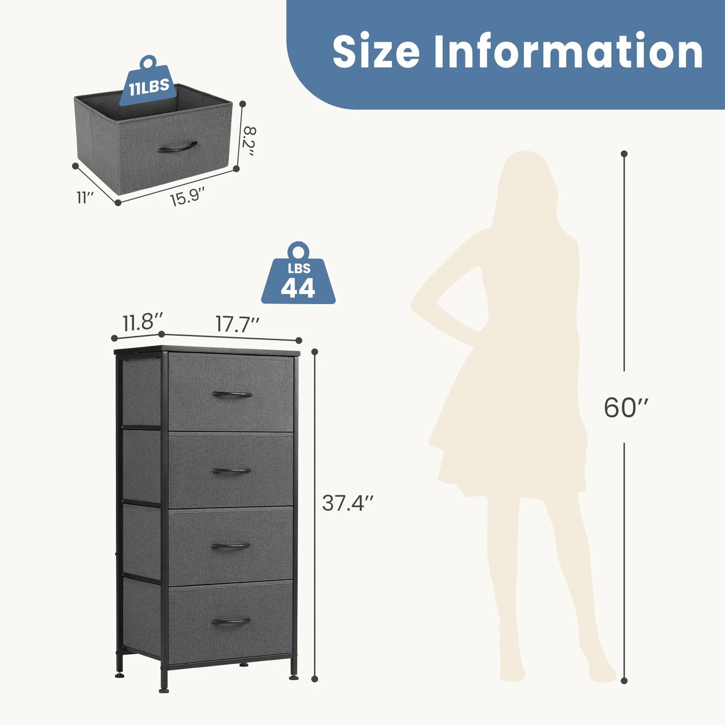 JHK Dresser With 4 Fabric Drawers Nightstand Wardrobe Steel Frame