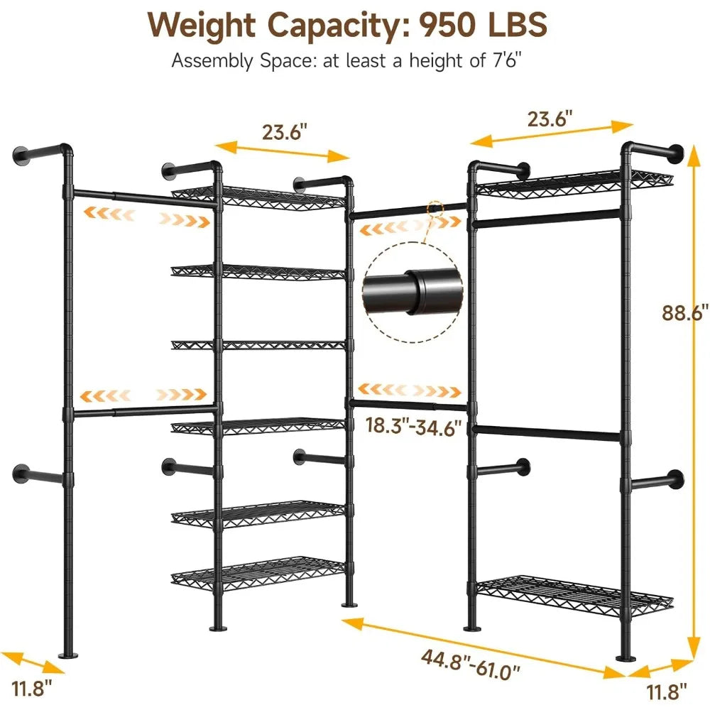 Industrial Wall Mounted Pipe Clothing Rack System For Closet Organization